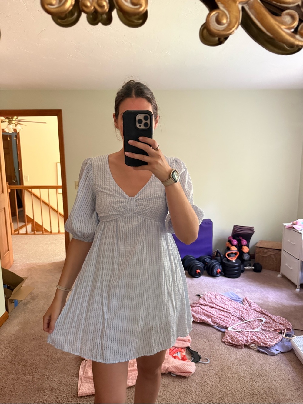 Light Blue Striped V-Neck Babydoll Dress